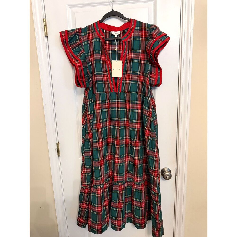Entro Plaid Tiered Midi/Maxi Dress – Green Red Tartan – Size 1X – NWT